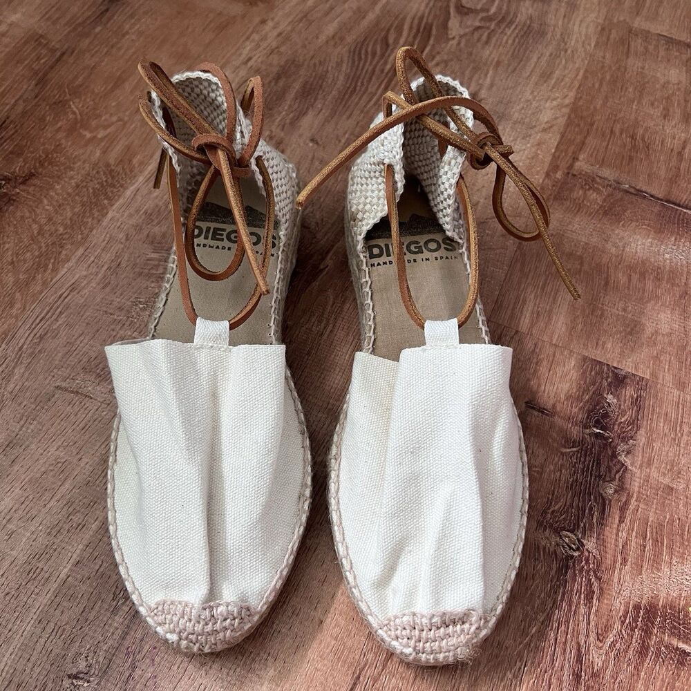 Diegos Ivory flat Carmen Espadrille Sz 8.5‎ US/39 EU Hand made Spain Leather Tie